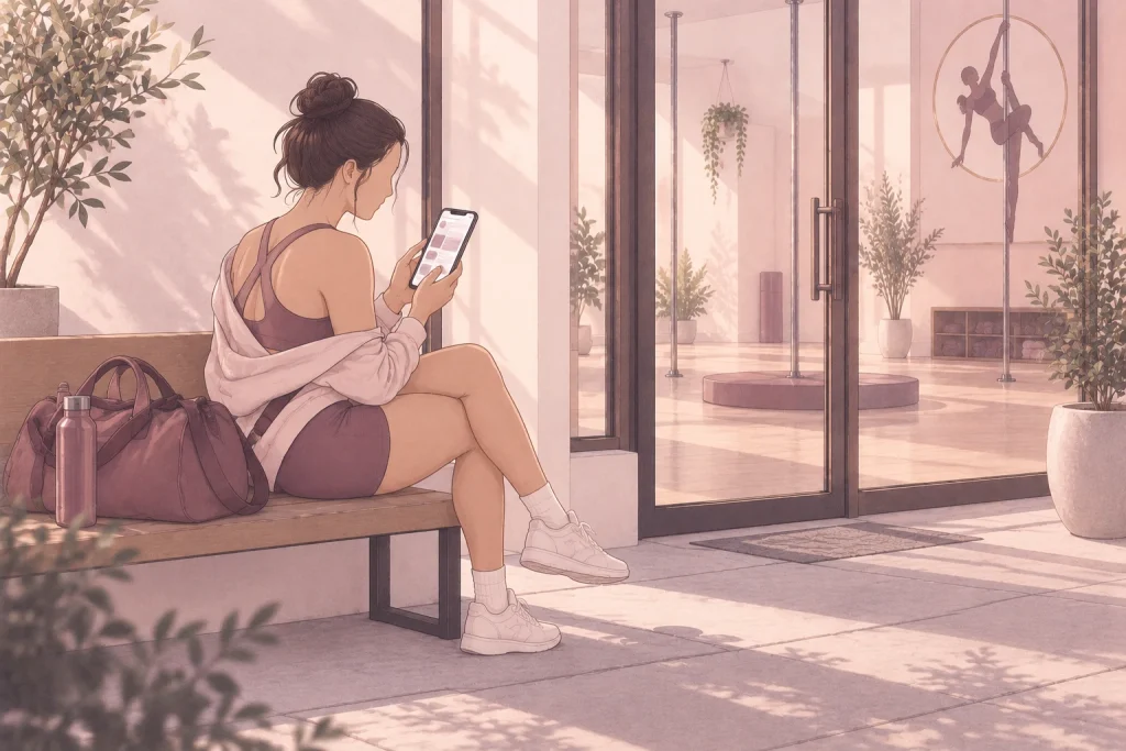 Ilustración de una persona comparando planes de clases en su celular a la salida de un estudio