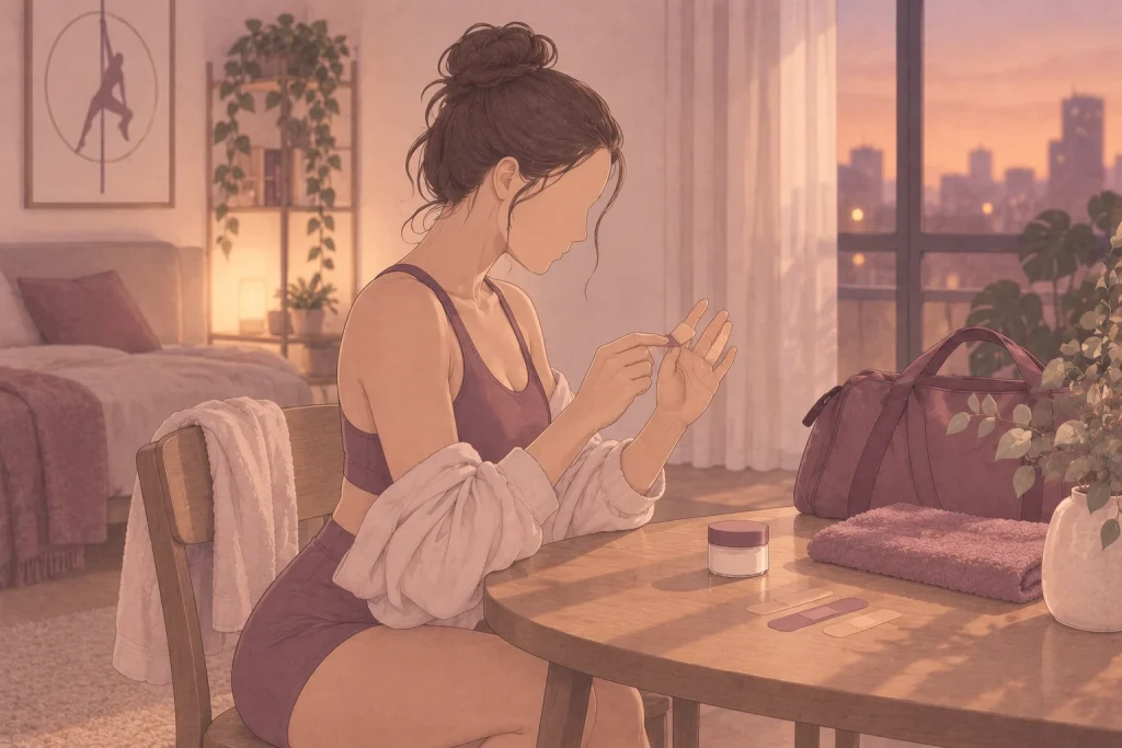 Ilustración de una persona en casa poniéndose un parche en un dedo después de entrenar