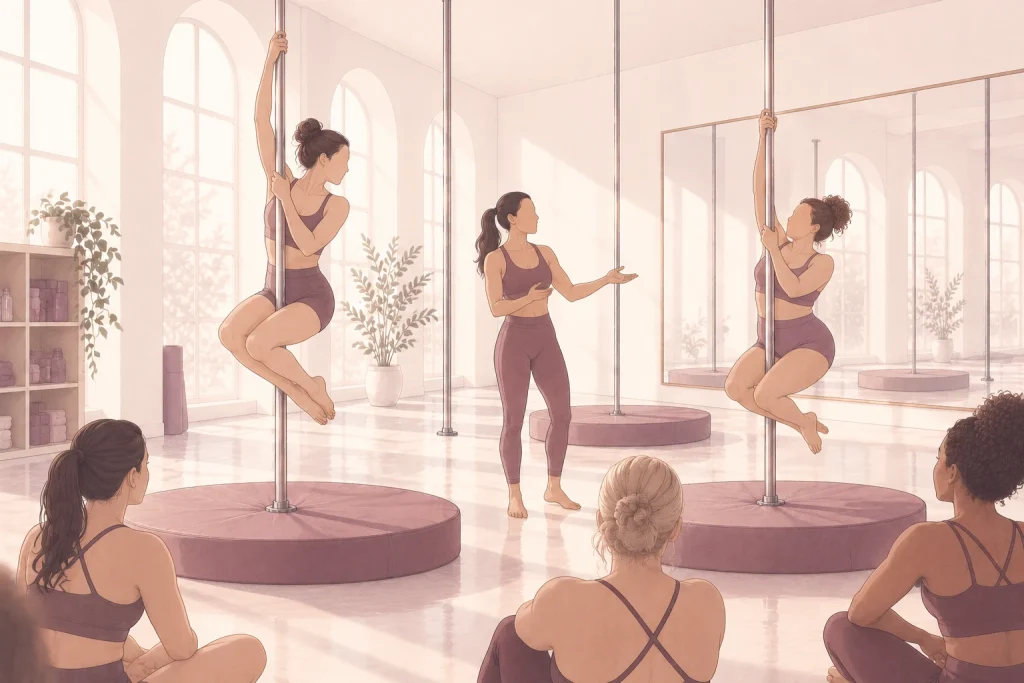 Ilustración de una clase de iniciación: una instructora muestra un giro básico y una alumna lo intenta en su caño