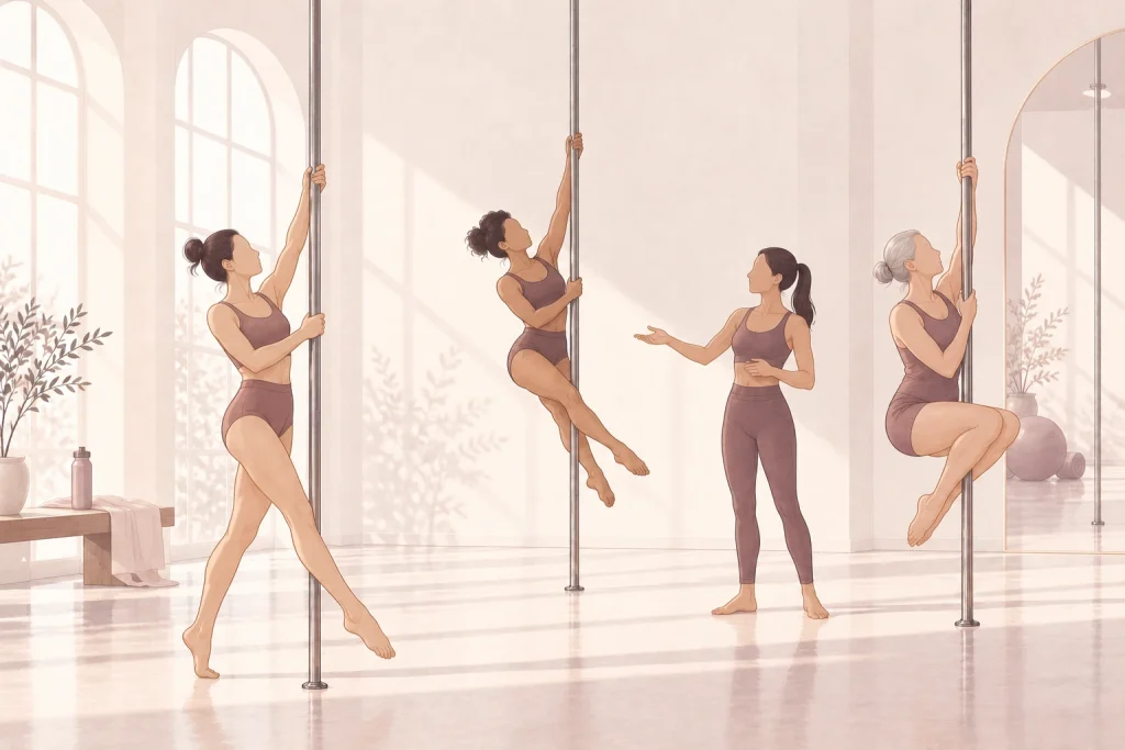 Ilustración de tres personas de distintas edades y cuerpos practicando en caños de un mismo estudio